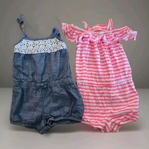 OshKosh B'Gosh Chambray‎ Romper and Pink Shoulder Striped Romper Sz 24m